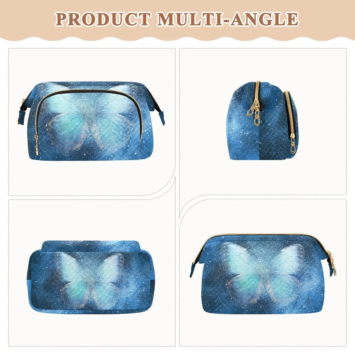 Women Wave Quilt Cosmetic Bag, Zipper Toiletry Storage 10.2x5.9x6.7 in, Pouch Handbag Makeup Case Purse Holder Organizer Print Blue Butterfly Galaxy Stars Universe Paint