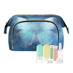 Women Wave Quilt Cosmetic Bag, Zipper Toiletry Storage 10.2x5.9x6.7 in, Pouch Handbag Makeup Case Purse Holder Organizer Print Blue Butterfly Galaxy Stars Universe Paint