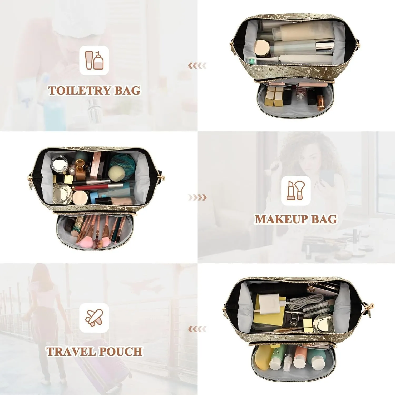 Women Wave Quilt Cosmetic Bag, Zipper Toiletry Storage 10.2x5.9x6.7 in, Pouch Handbag Makeup Case Purse Holder Organizer Print Christmas Snowflakes In Brilliant Golden Style