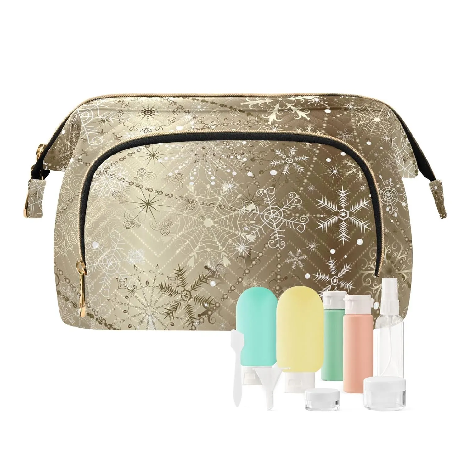 Women Wave Quilt Cosmetic Bag, Zipper Toiletry Storage 10.2x5.9x6.7 in, Pouch Handbag Makeup Case Purse Holder Organizer Print Christmas Snowflakes In Brilliant Golden Style