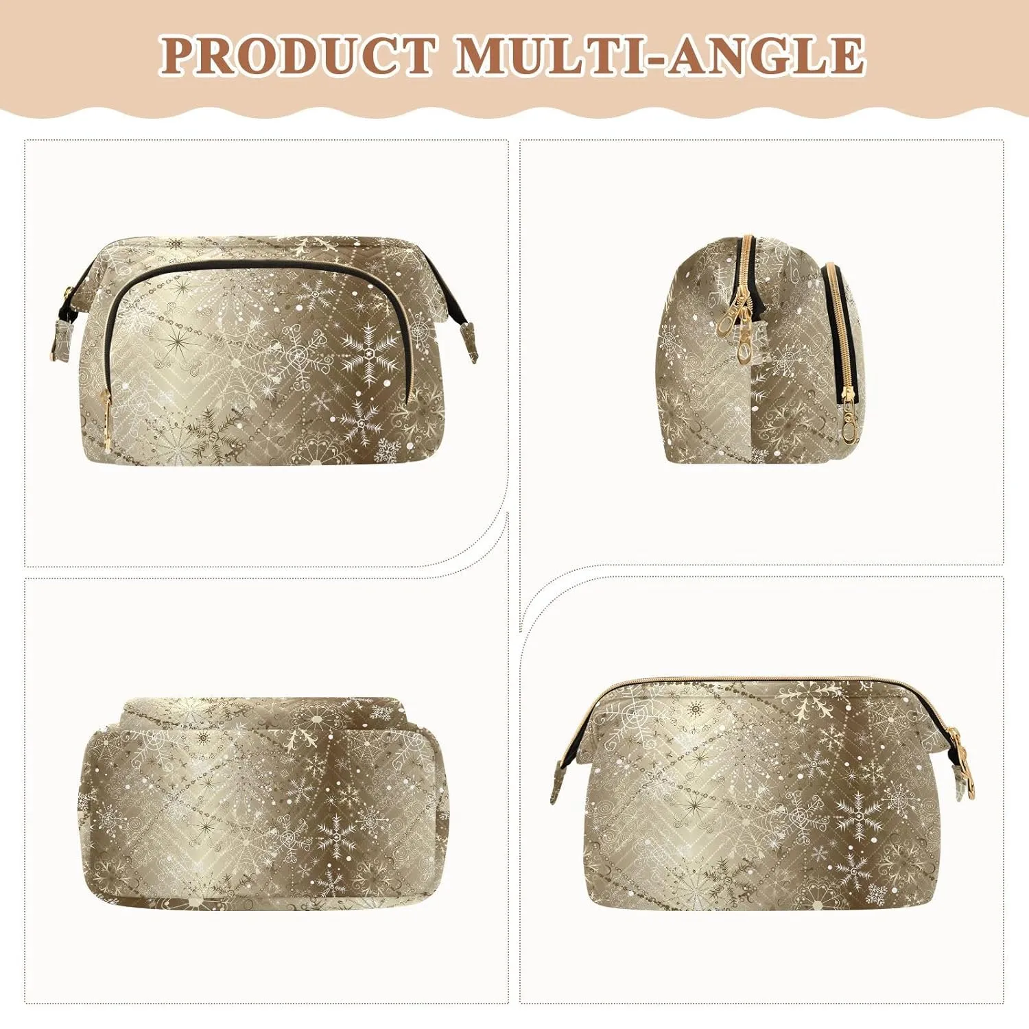 Women Wave Quilt Cosmetic Bag, Zipper Toiletry Storage 10.2x5.9x6.7 in, Pouch Handbag Makeup Case Purse Holder Organizer Print Christmas Snowflakes In Brilliant Golden Style