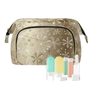 Women Wave Quilt Cosmetic Bag, Zipper Toiletry Storage 10.2x5.9x6.7 in, Pouch Handbag Makeup Case Purse Holder Organizer Print Christmas Snowflakes In Brilliant Golden Style