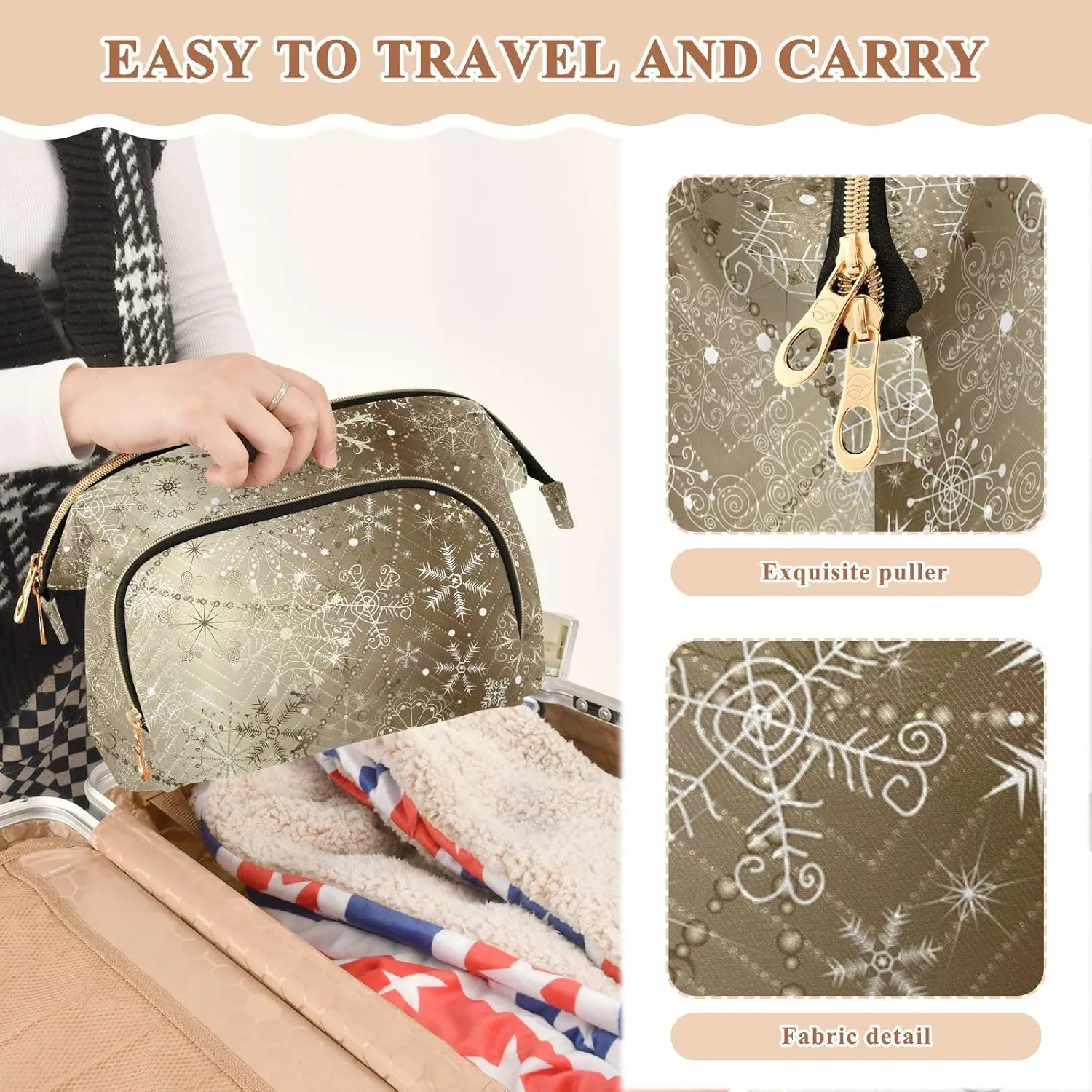 Women Wave Quilt Cosmetic Bag, Zipper Toiletry Storage 10.2x5.9x6.7 in, Pouch Handbag Makeup Case Purse Holder Organizer Print Christmas Snowflakes In Brilliant Golden Style