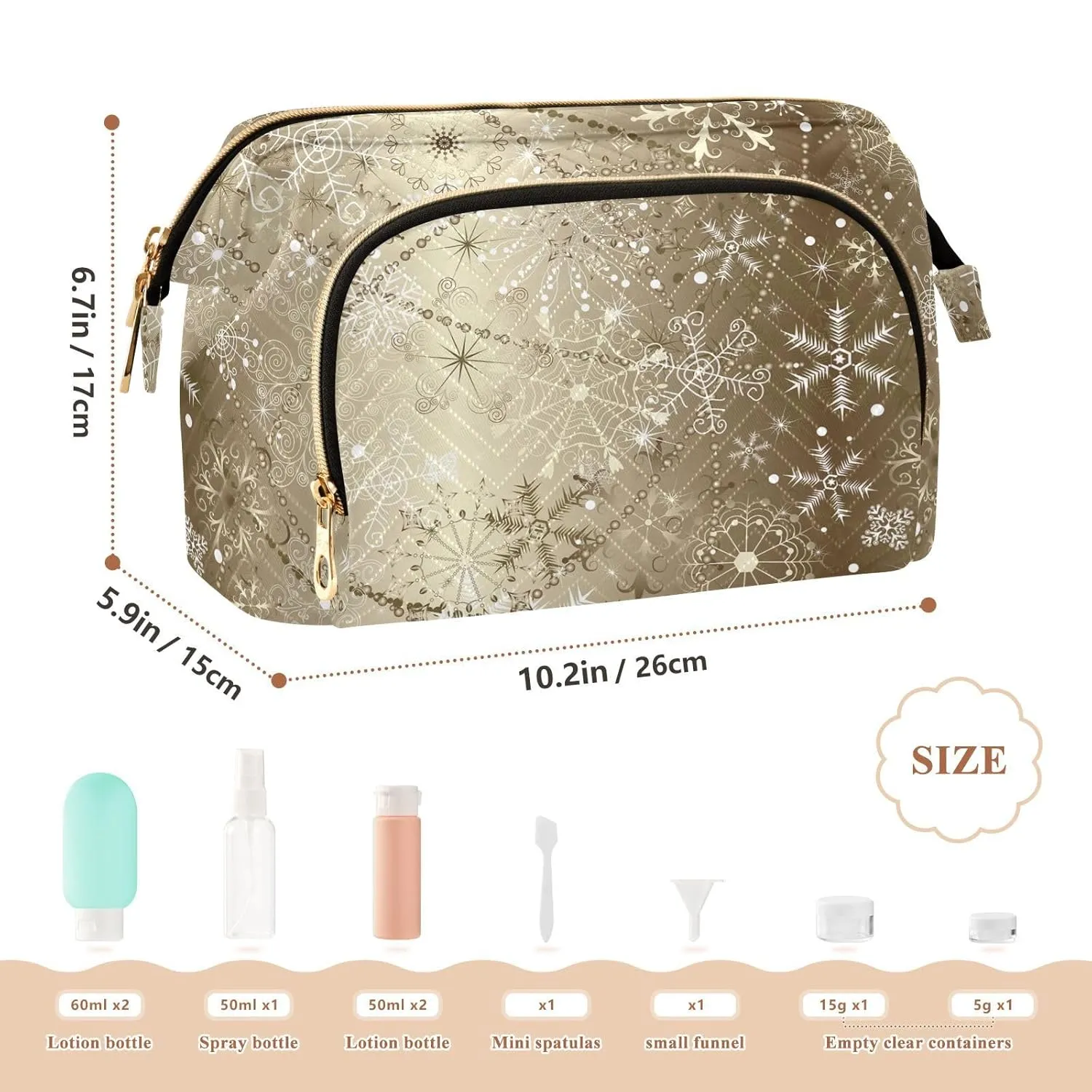Women Wave Quilt Cosmetic Bag, Zipper Toiletry Storage 10.2x5.9x6.7 in, Pouch Handbag Makeup Case Purse Holder Organizer Print Christmas Snowflakes In Brilliant Golden Style