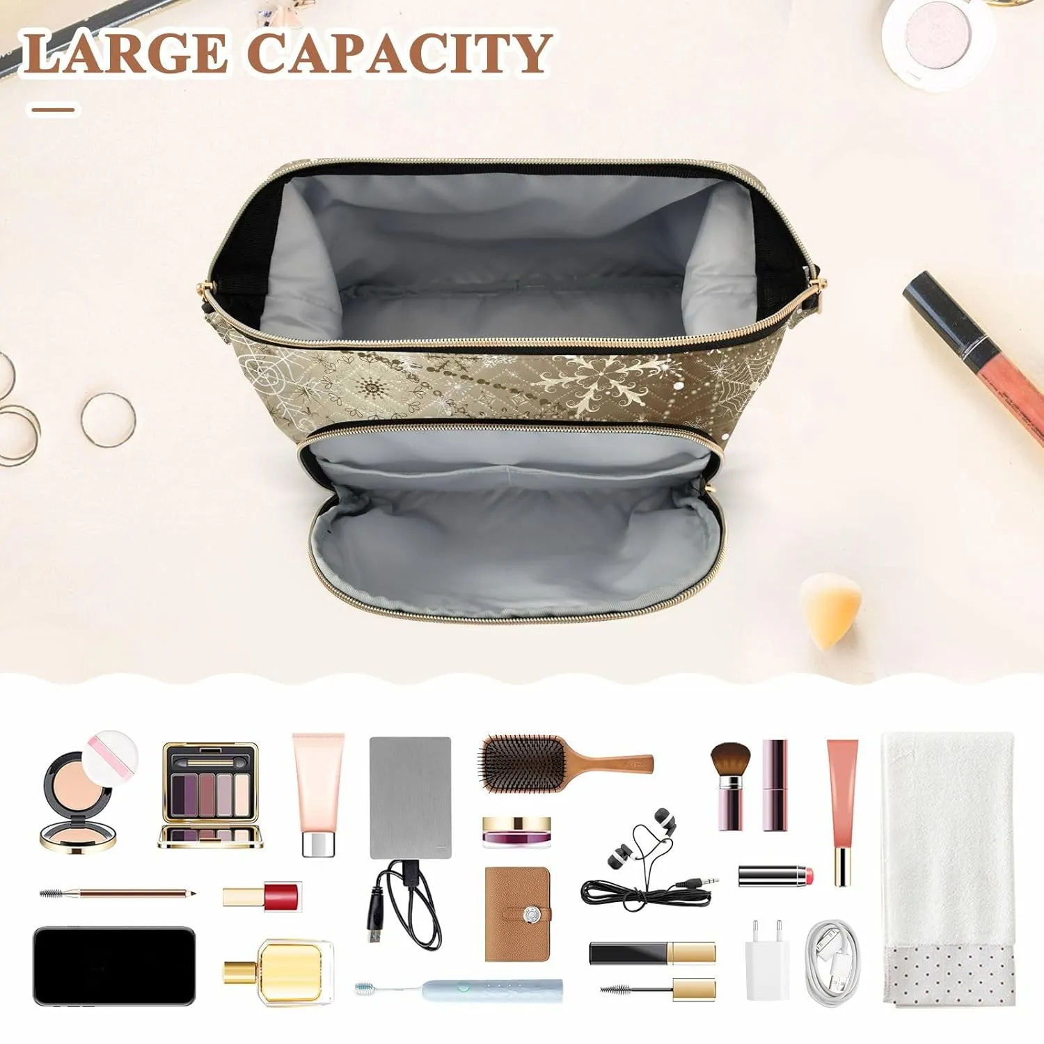 Women Wave Quilt Cosmetic Bag, Zipper Toiletry Storage 10.2x5.9x6.7 in, Pouch Handbag Makeup Case Purse Holder Organizer Print Christmas Snowflakes In Brilliant Golden Style