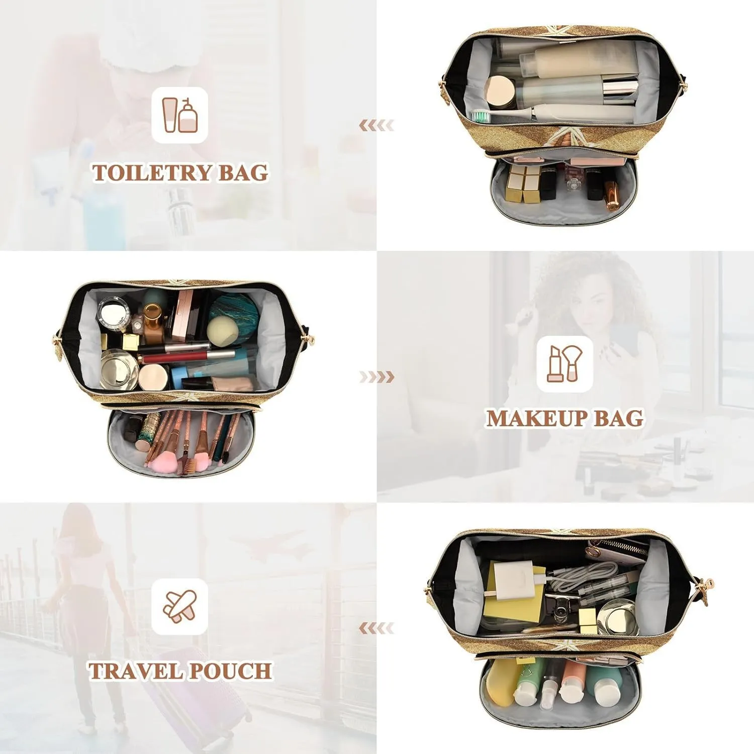 Women Wave Quilt Cosmetic Bag, Zipper Toiletry Storage 10.2x5.9x6.7 in, Pouch Handbag Makeup Case Purse Holder Organizer Print Christmass Tree Seashells On Chevron Sand