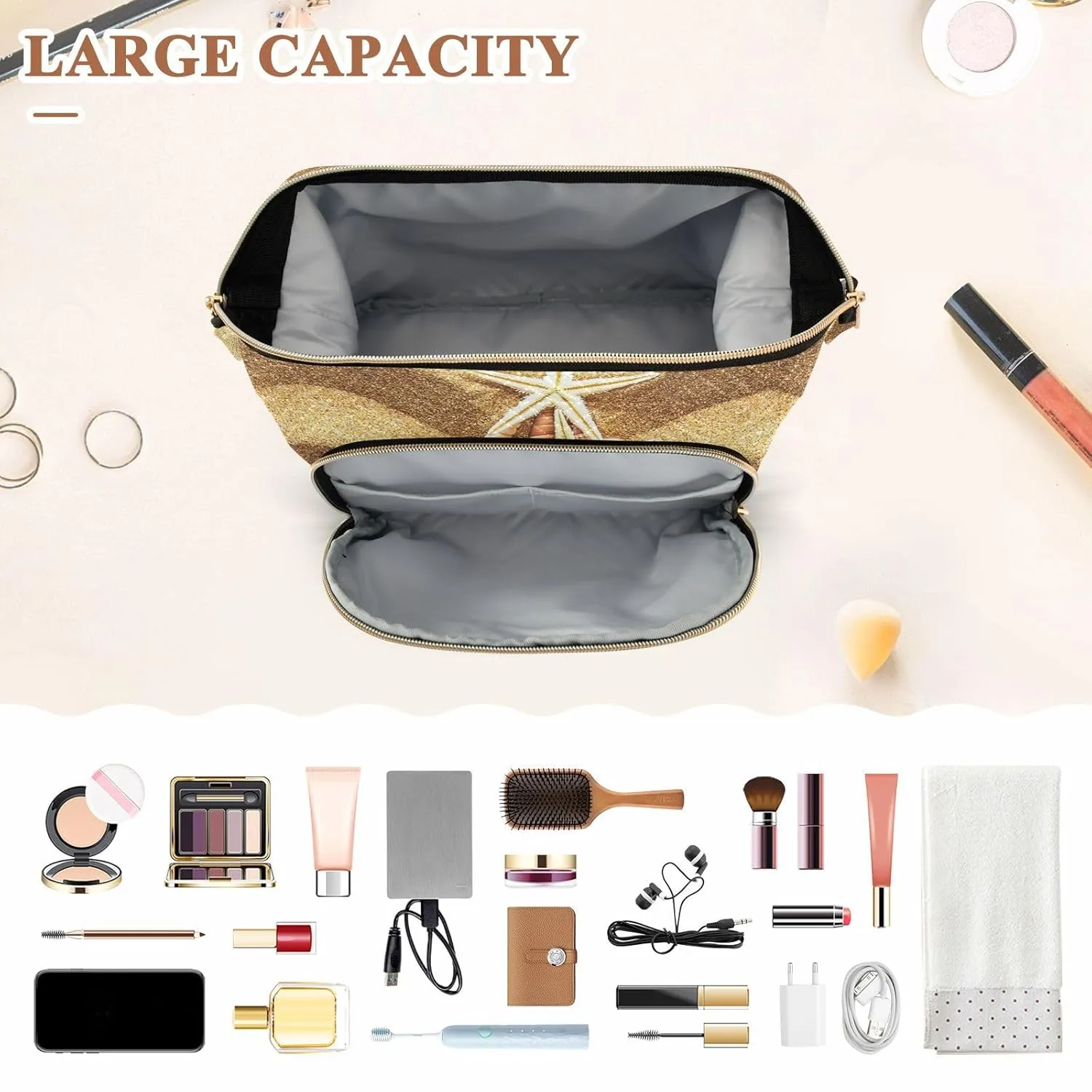 Women Wave Quilt Cosmetic Bag, Zipper Toiletry Storage 10.2x5.9x6.7 in, Pouch Handbag Makeup Case Purse Holder Organizer Print Christmass Tree Seashells On Chevron Sand