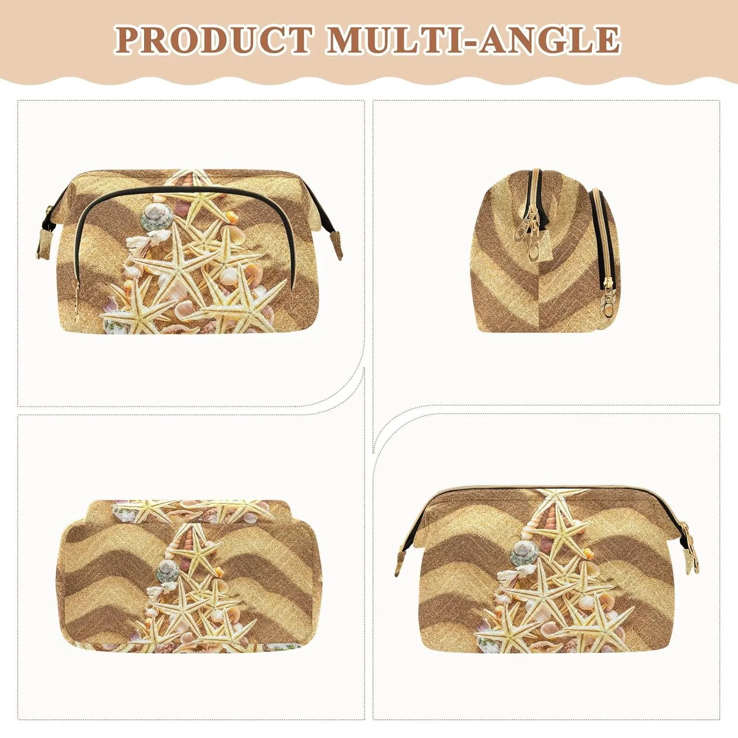Women Wave Quilt Cosmetic Bag, Zipper Toiletry Storage 10.2x5.9x6.7 in, Pouch Handbag Makeup Case Purse Holder Organizer Print Christmass Tree Seashells On Chevron Sand