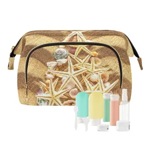 Women Wave Quilt Cosmetic Bag, Zipper Toiletry Storage 10.2x5.9x6.7 in, Pouch Handbag Makeup Case Purse Holder Organizer Print Christmass Tree Seashells On Chevron Sand