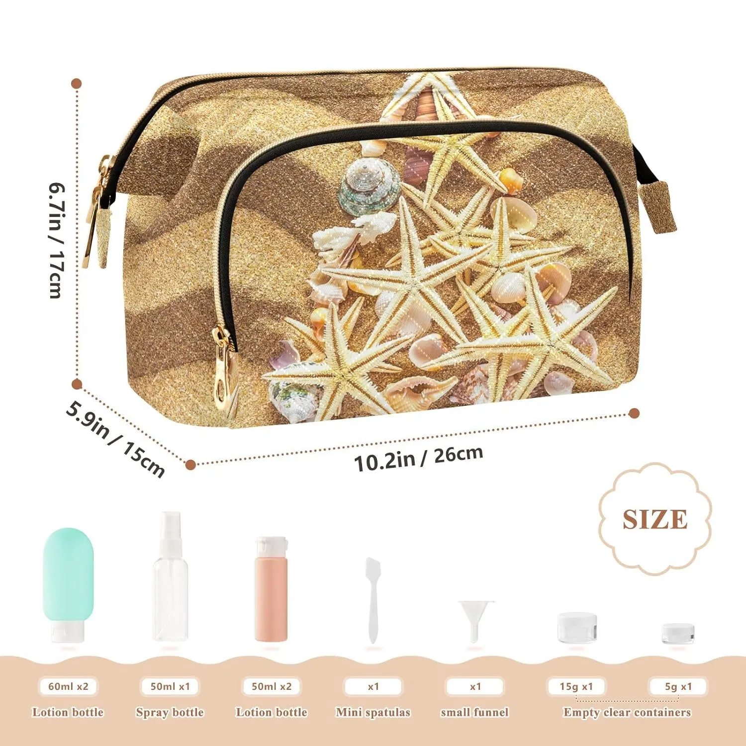 Women Wave Quilt Cosmetic Bag, Zipper Toiletry Storage 10.2x5.9x6.7 in, Pouch Handbag Makeup Case Purse Holder Organizer Print Christmass Tree Seashells On Chevron Sand
