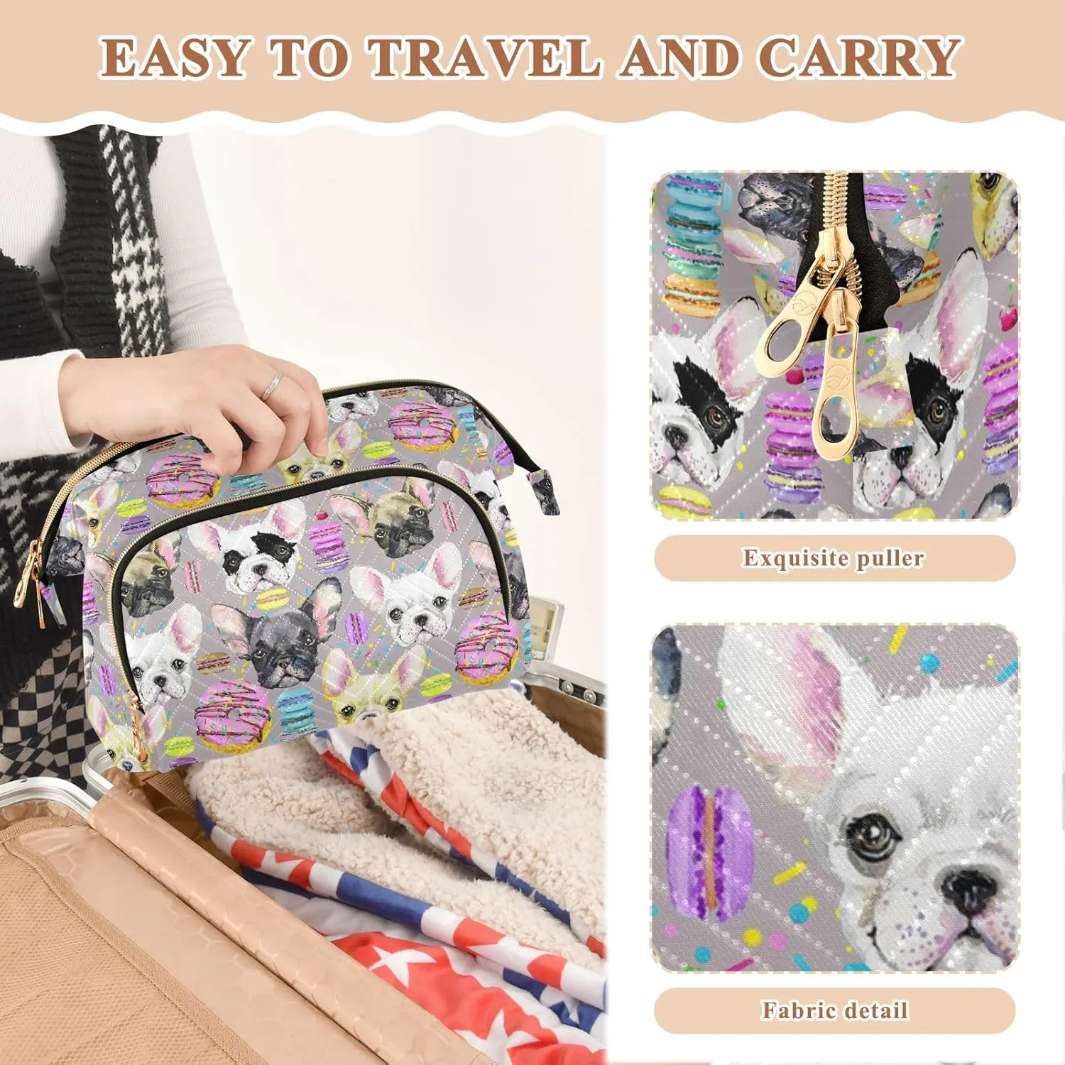 Women Wave Quilt Cosmetic Bag, Zipper Toiletry Storage 10.2x5.9x6.7 in, Pouch Handbag Makeup Case Purse Holder Organizer Print Colorful French Bulldog Puppy Watercolor On Pink
