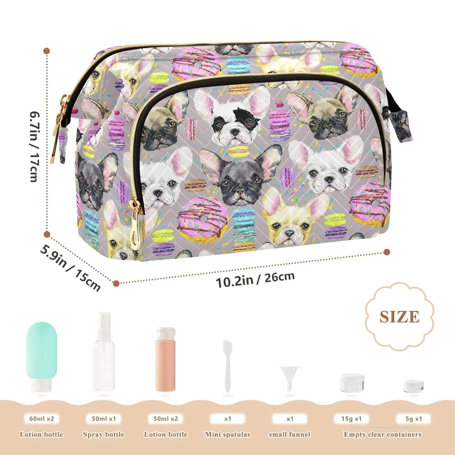 Women Wave Quilt Cosmetic Bag, Zipper Toiletry Storage 10.2x5.9x6.7 in, Pouch Handbag Makeup Case Purse Holder Organizer Print Colorful French Bulldog Puppy Watercolor On Pink