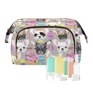 Women Wave Quilt Cosmetic Bag, Zipper Toiletry Storage 10.2x5.9x6.7 in, Pouch Handbag Makeup Case Purse Holder Organizer Print Colorful French Bulldog Puppy Watercolor On Pink