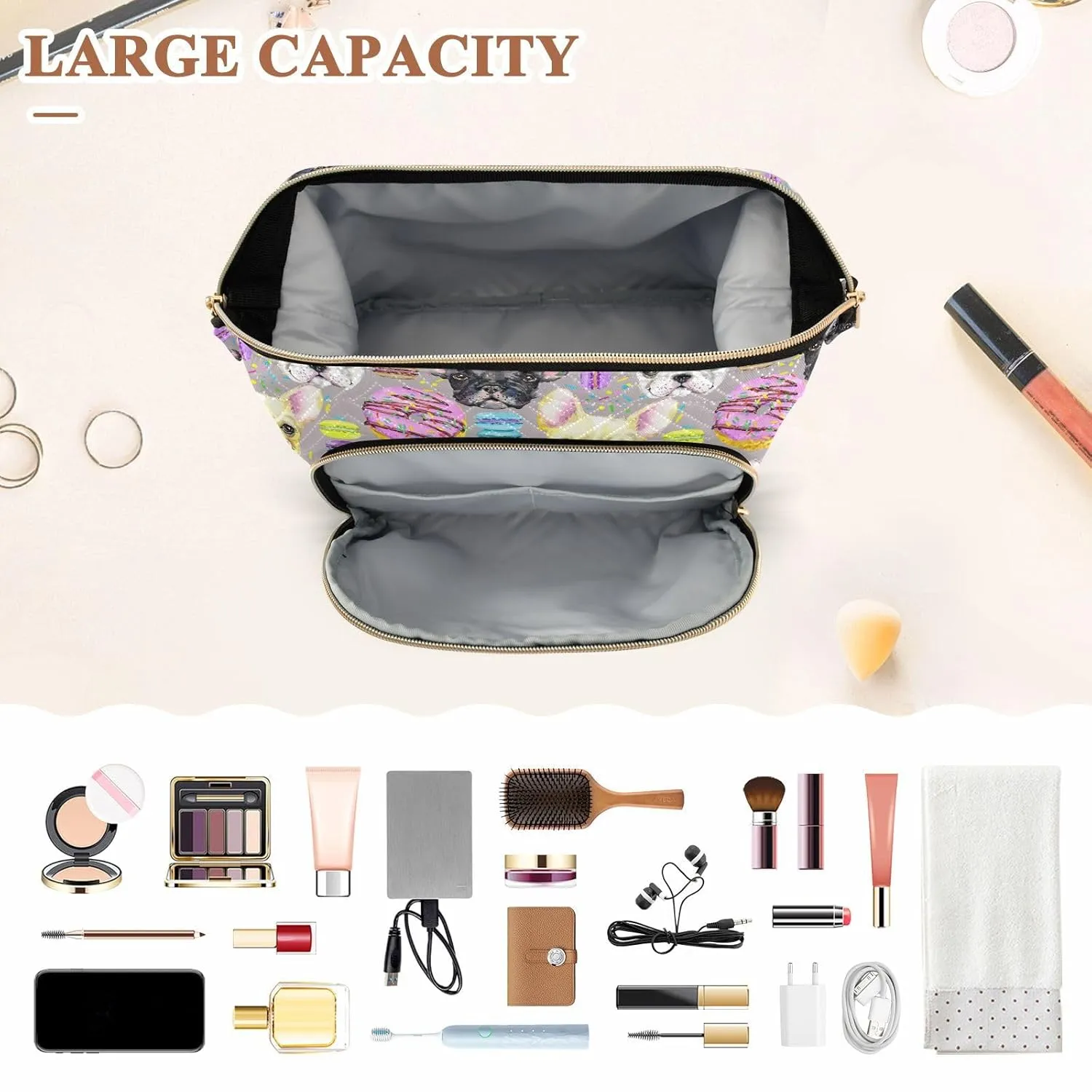 Women Wave Quilt Cosmetic Bag, Zipper Toiletry Storage 10.2x5.9x6.7 in, Pouch Handbag Makeup Case Purse Holder Organizer Print Colorful French Bulldog Puppy Watercolor On Pink