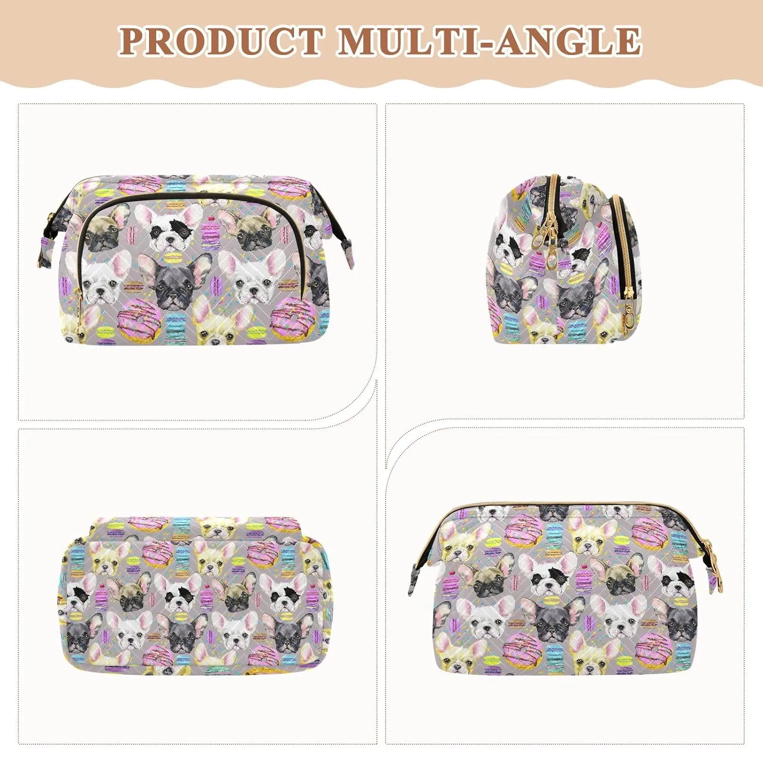 Women Wave Quilt Cosmetic Bag, Zipper Toiletry Storage 10.2x5.9x6.7 in, Pouch Handbag Makeup Case Purse Holder Organizer Print Colorful French Bulldog Puppy Watercolor On Pink