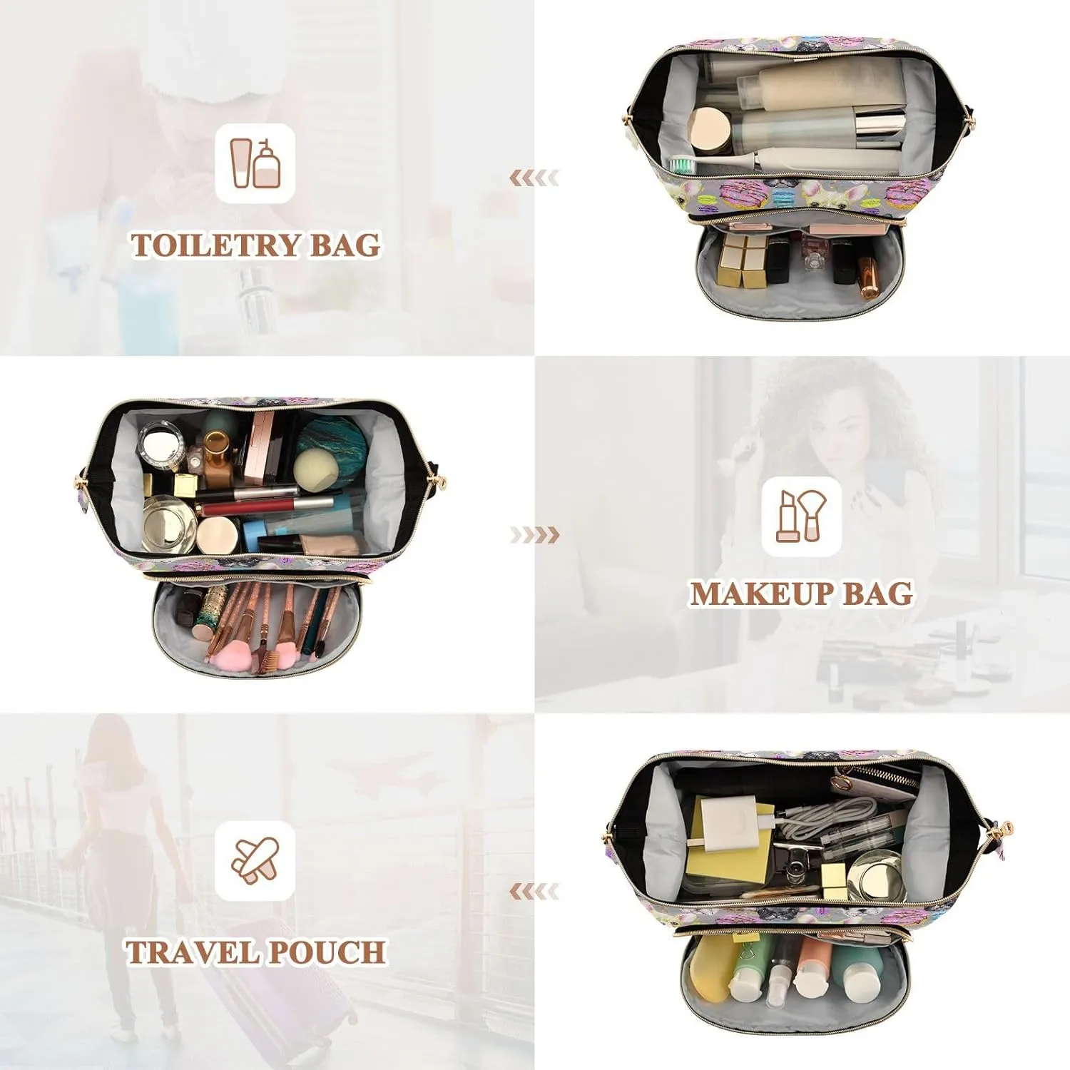 Women Wave Quilt Cosmetic Bag, Zipper Toiletry Storage 10.2x5.9x6.7 in, Pouch Handbag Makeup Case Purse Holder Organizer Print Colorful French Bulldog Puppy Watercolor On Pink