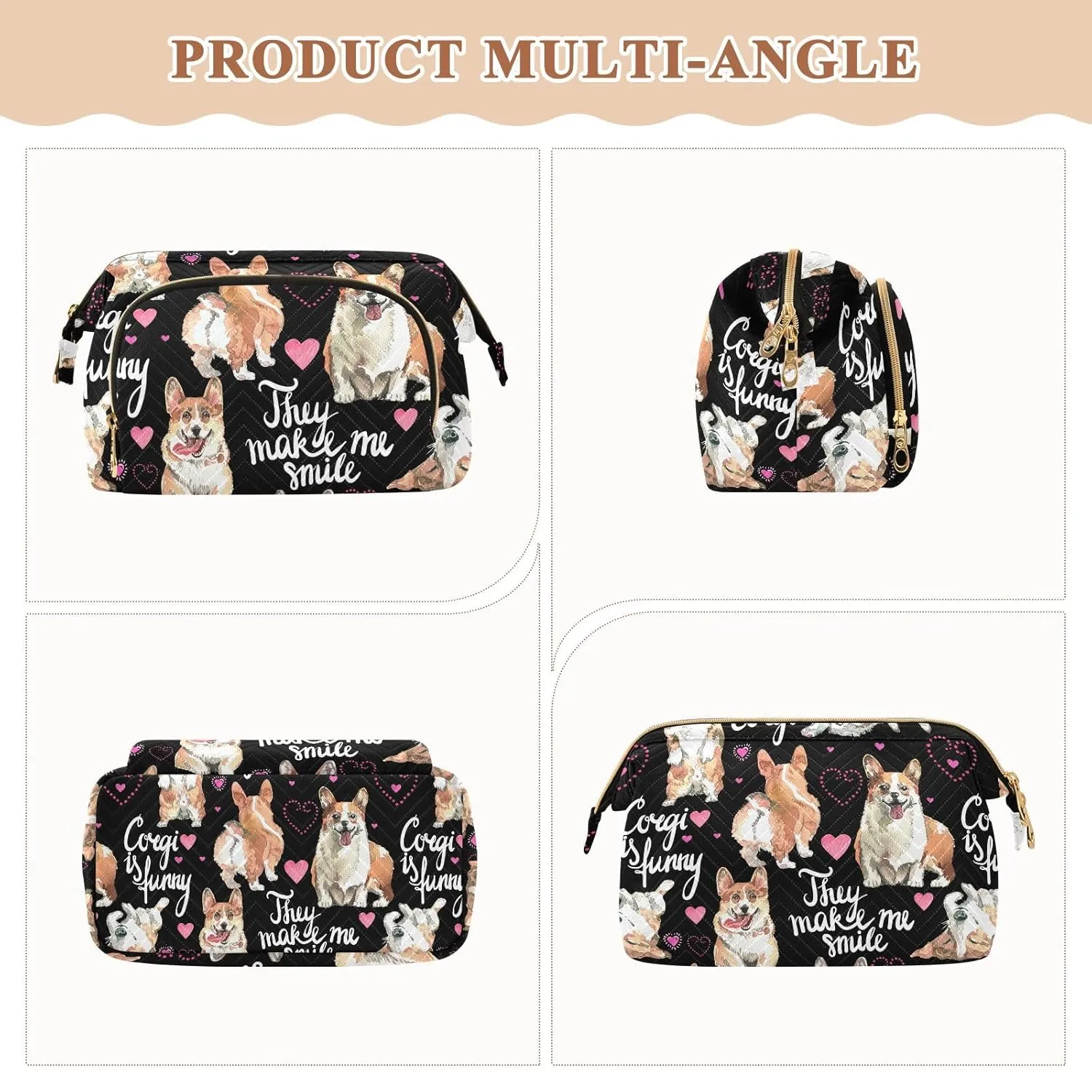 Women Wave Quilt Cosmetic Bag, Zipper Toiletry Storage 10.2x5.9x6.7 in, Pouch Handbag Makeup Case Purse Holder Organizer Print Corgi Dogs Pink Hearts On Black