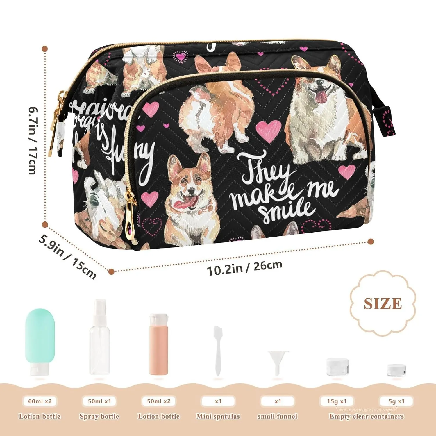 Women Wave Quilt Cosmetic Bag, Zipper Toiletry Storage 10.2x5.9x6.7 in, Pouch Handbag Makeup Case Purse Holder Organizer Print Corgi Dogs Pink Hearts On Black
