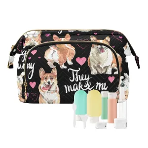 Women Wave Quilt Cosmetic Bag, Zipper Toiletry Storage 10.2x5.9x6.7 in, Pouch Handbag Makeup Case Purse Holder Organizer Print Corgi Dogs Pink Hearts On Black