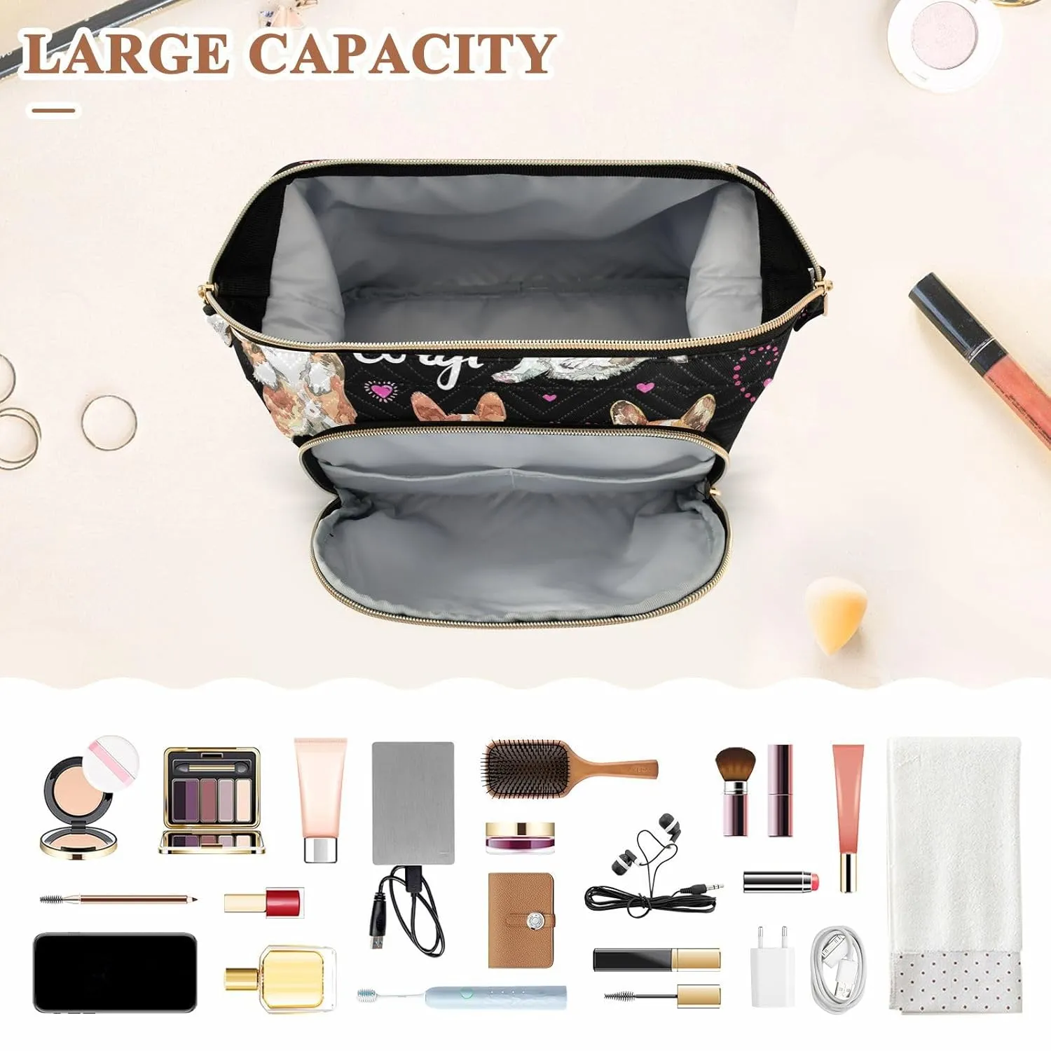 Women Wave Quilt Cosmetic Bag, Zipper Toiletry Storage 10.2x5.9x6.7 in, Pouch Handbag Makeup Case Purse Holder Organizer Print Corgi Dogs Pink Hearts On Black