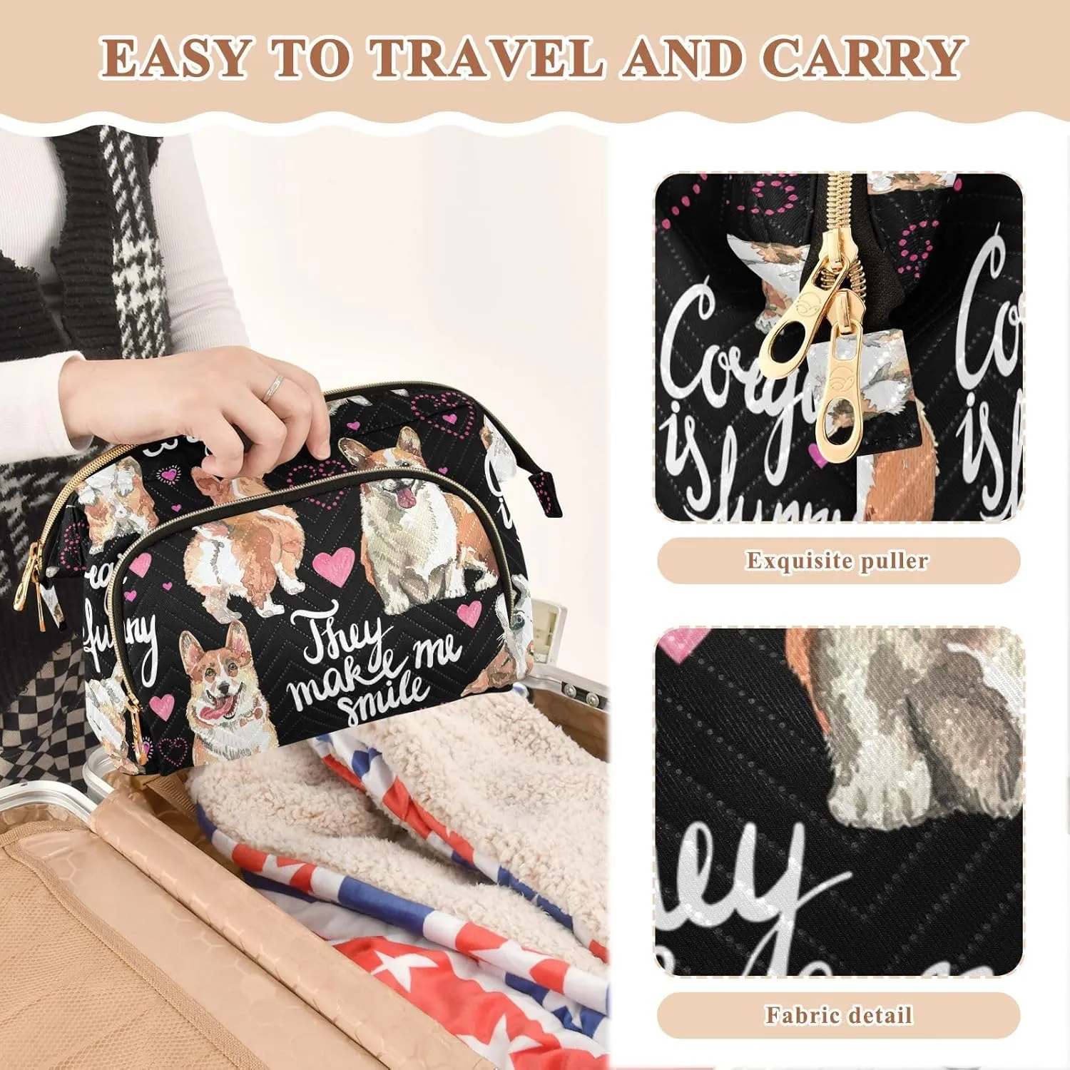 Women Wave Quilt Cosmetic Bag, Zipper Toiletry Storage 10.2x5.9x6.7 in, Pouch Handbag Makeup Case Purse Holder Organizer Print Corgi Dogs Pink Hearts On Black
