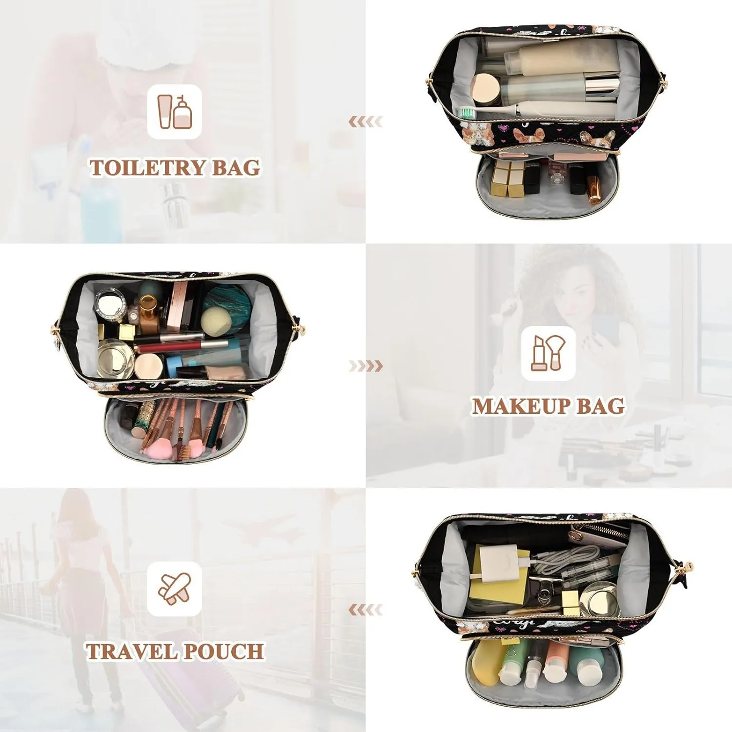 Women Wave Quilt Cosmetic Bag, Zipper Toiletry Storage 10.2x5.9x6.7 in, Pouch Handbag Makeup Case Purse Holder Organizer Print Corgi Dogs Pink Hearts On Black