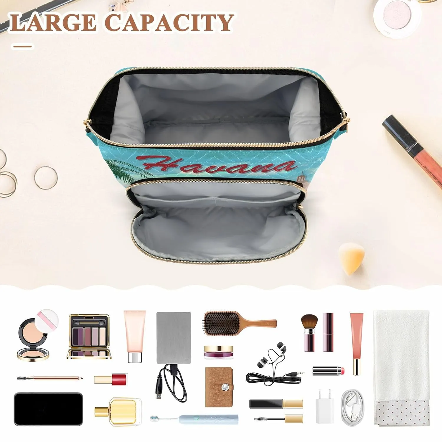 Women Wave Quilt Cosmetic Bag, Zipper Toiletry Storage 10.2x5.9x6.7 in, Pouch Handbag Makeup Case Purse Holder Organizer Print Cuba Retro Poster Green Car Palm Trees