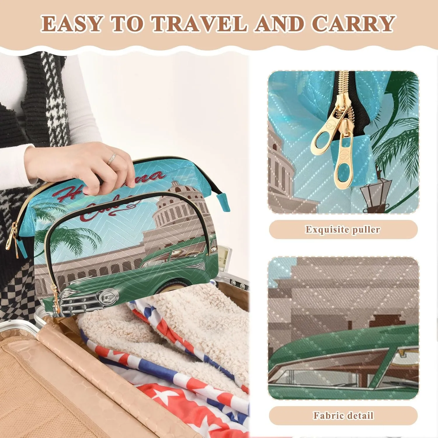 Women Wave Quilt Cosmetic Bag, Zipper Toiletry Storage 10.2x5.9x6.7 in, Pouch Handbag Makeup Case Purse Holder Organizer Print Cuba Retro Poster Green Car Palm Trees