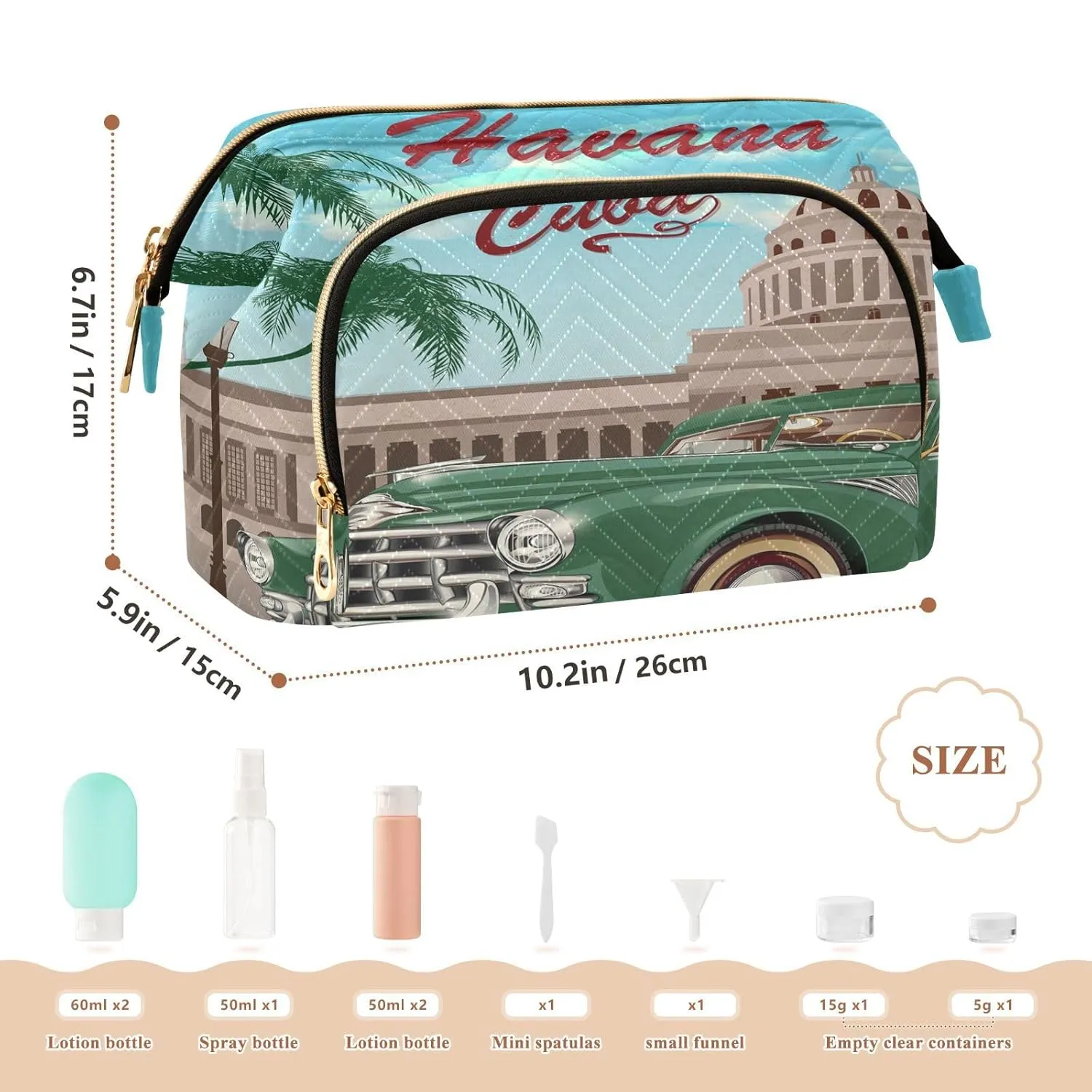 Women Wave Quilt Cosmetic Bag, Zipper Toiletry Storage 10.2x5.9x6.7 in, Pouch Handbag Makeup Case Purse Holder Organizer Print Cuba Retro Poster Green Car Palm Trees