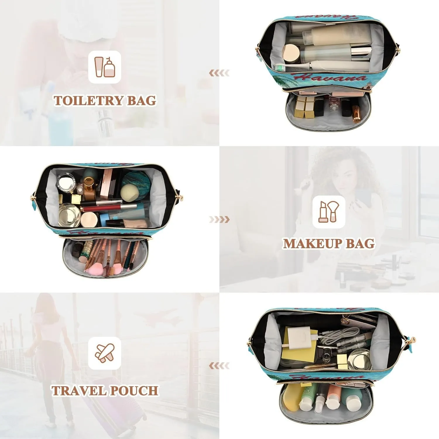 Women Wave Quilt Cosmetic Bag, Zipper Toiletry Storage 10.2x5.9x6.7 in, Pouch Handbag Makeup Case Purse Holder Organizer Print Cuba Retro Poster Green Car Palm Trees