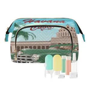 Women Wave Quilt Cosmetic Bag, Zipper Toiletry Storage 10.2x5.9x6.7 in, Pouch Handbag Makeup Case Purse Holder Organizer Print Cuba Retro Poster Green Car Palm Trees