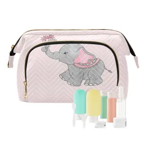 Women Wave Quilt Cosmetic Bag, Zipper Toiletry Storage 10.2x5.9x6.7 in, Pouch Handbag Makeup Case Purse Holder Organizer Print Cute Elephants With Flowers On Pink
