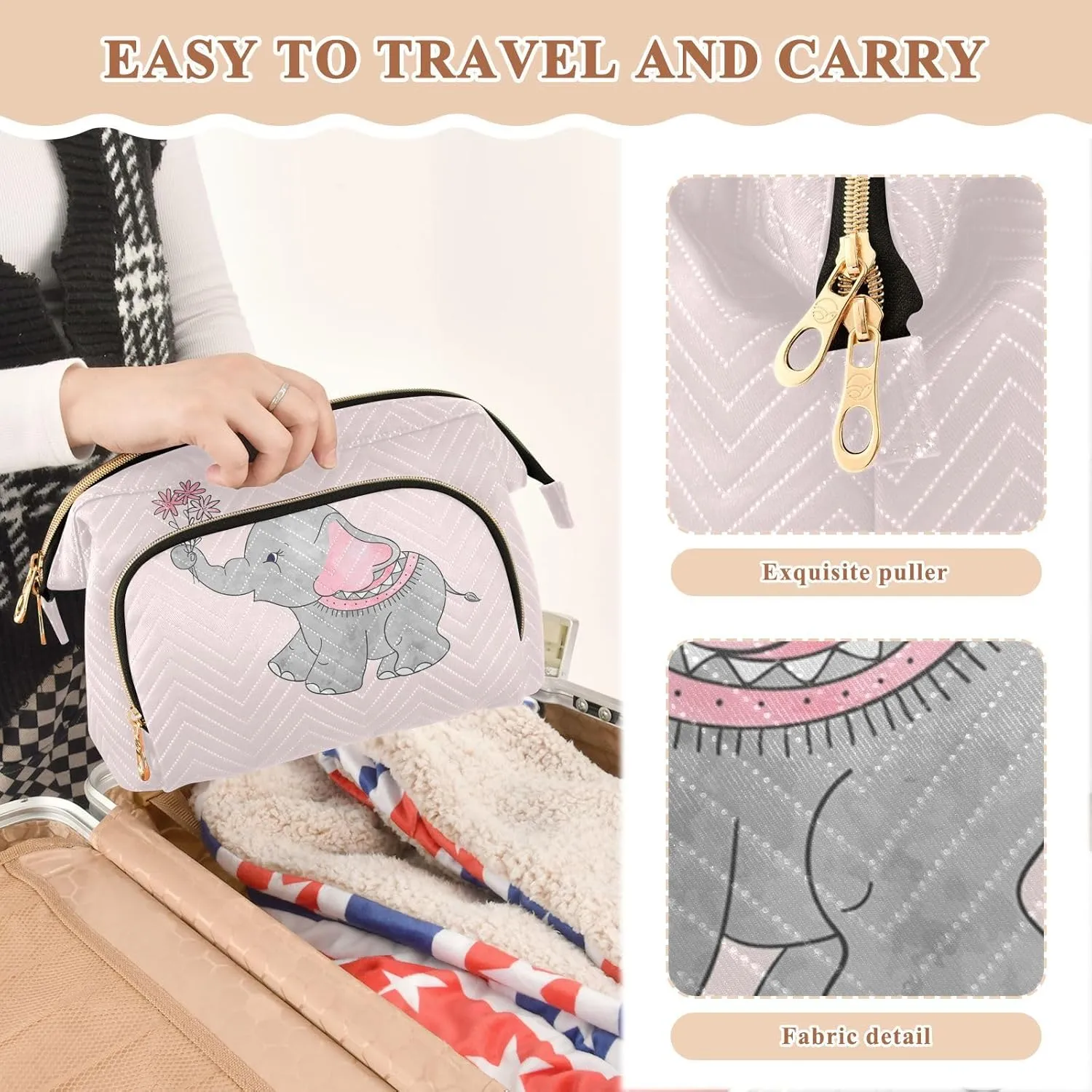 Women Wave Quilt Cosmetic Bag, Zipper Toiletry Storage 10.2x5.9x6.7 in, Pouch Handbag Makeup Case Purse Holder Organizer Print Cute Elephants With Flowers On Pink