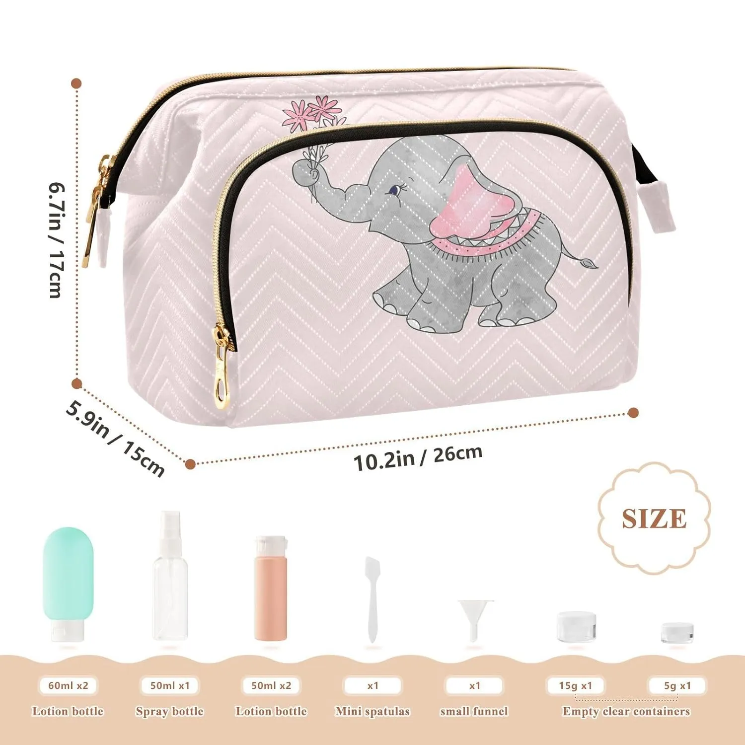 Women Wave Quilt Cosmetic Bag, Zipper Toiletry Storage 10.2x5.9x6.7 in, Pouch Handbag Makeup Case Purse Holder Organizer Print Cute Elephants With Flowers On Pink