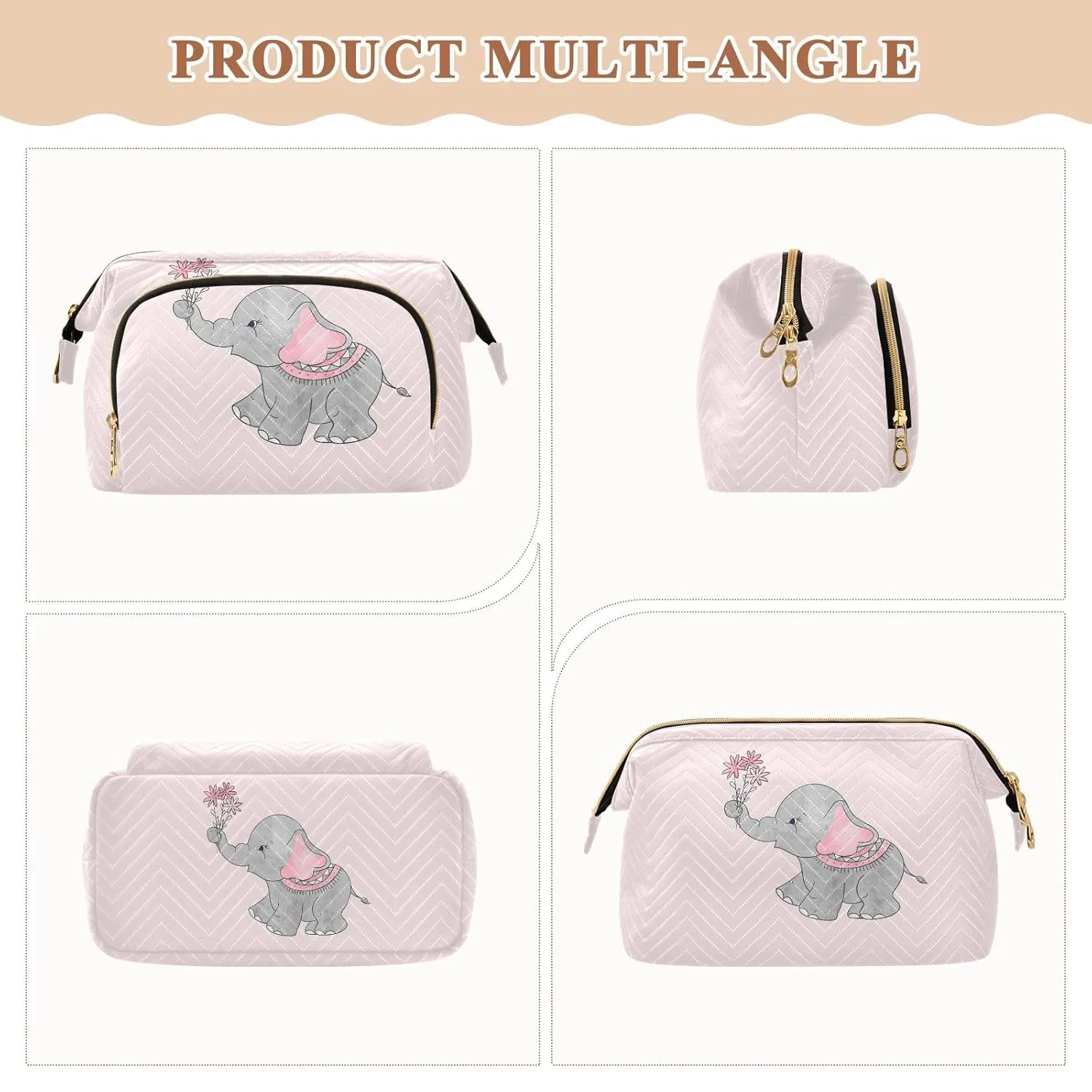 Women Wave Quilt Cosmetic Bag, Zipper Toiletry Storage 10.2x5.9x6.7 in, Pouch Handbag Makeup Case Purse Holder Organizer Print Cute Elephants With Flowers On Pink