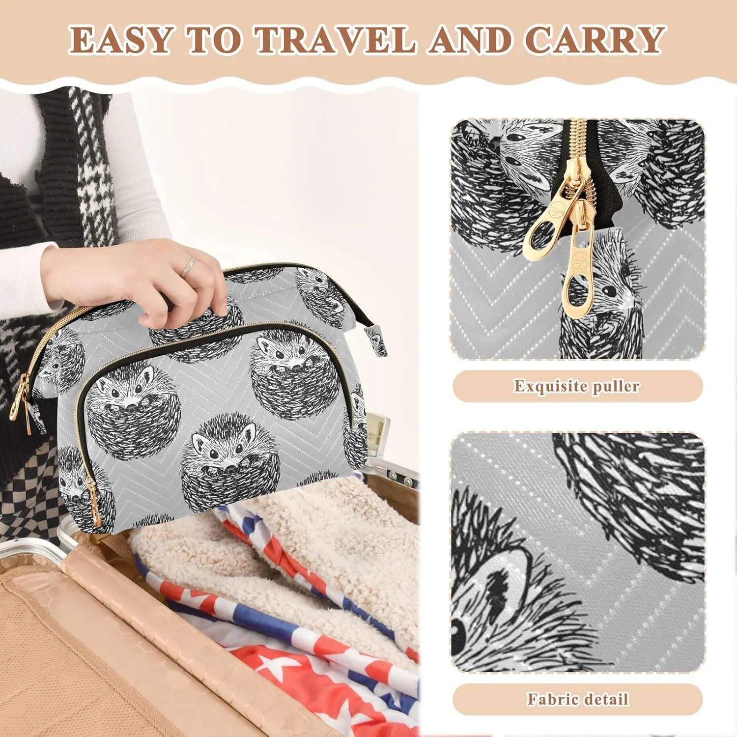 Women Wave Quilt Cosmetic Bag, Zipper Toiletry Storage 10.2x5.9x6.7 in, Pouch Handbag Makeup Case Purse Holder Organizer Print Cute Hedgehogs In Vintage Style