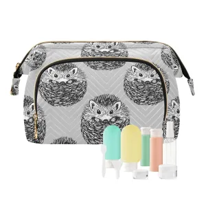 Women Wave Quilt Cosmetic Bag, Zipper Toiletry Storage 10.2x5.9x6.7 in, Pouch Handbag Makeup Case Purse Holder Organizer Print Cute Hedgehogs In Vintage Style