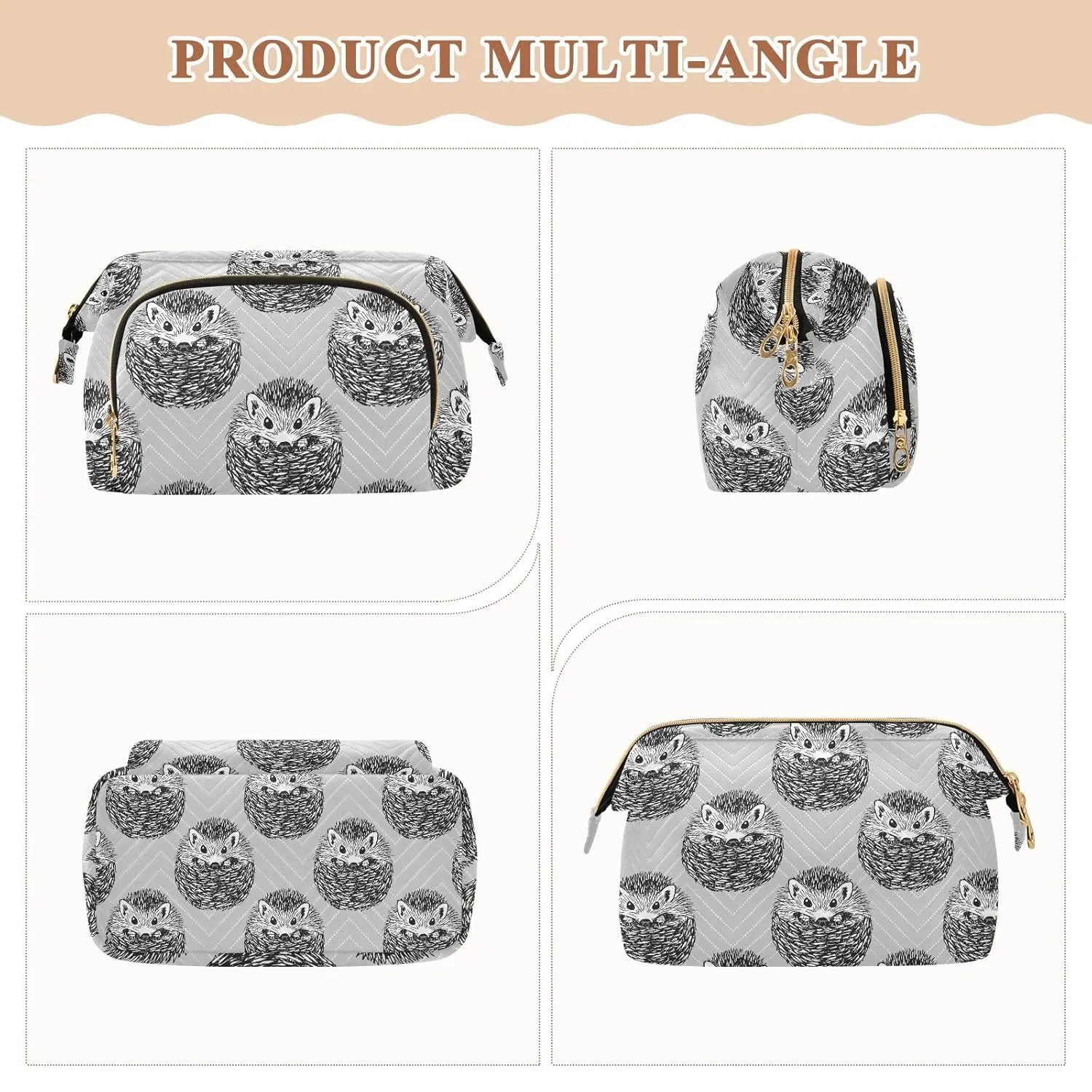 Women Wave Quilt Cosmetic Bag, Zipper Toiletry Storage 10.2x5.9x6.7 in, Pouch Handbag Makeup Case Purse Holder Organizer Print Cute Hedgehogs In Vintage Style