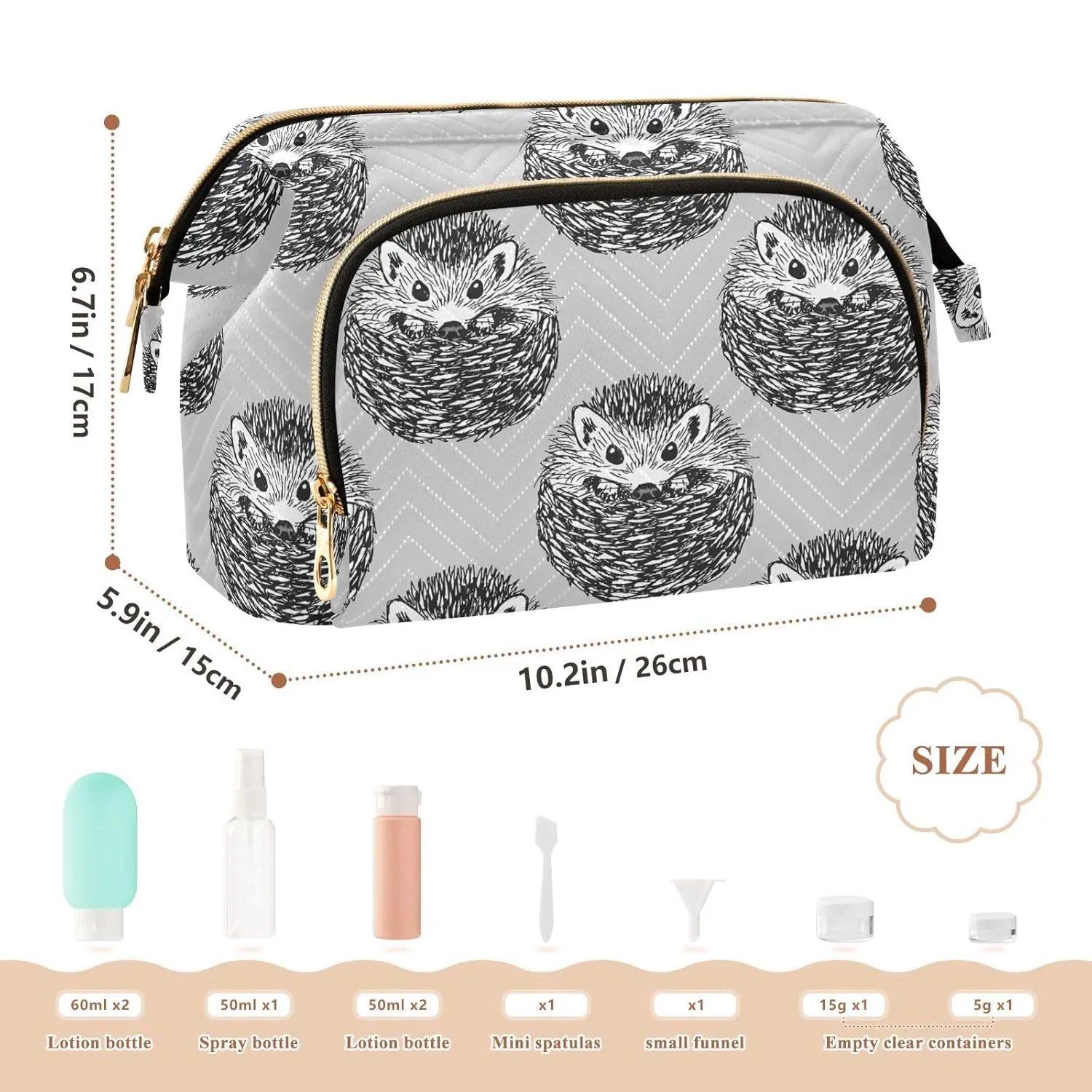 Women Wave Quilt Cosmetic Bag, Zipper Toiletry Storage 10.2x5.9x6.7 in, Pouch Handbag Makeup Case Purse Holder Organizer Print Cute Hedgehogs In Vintage Style