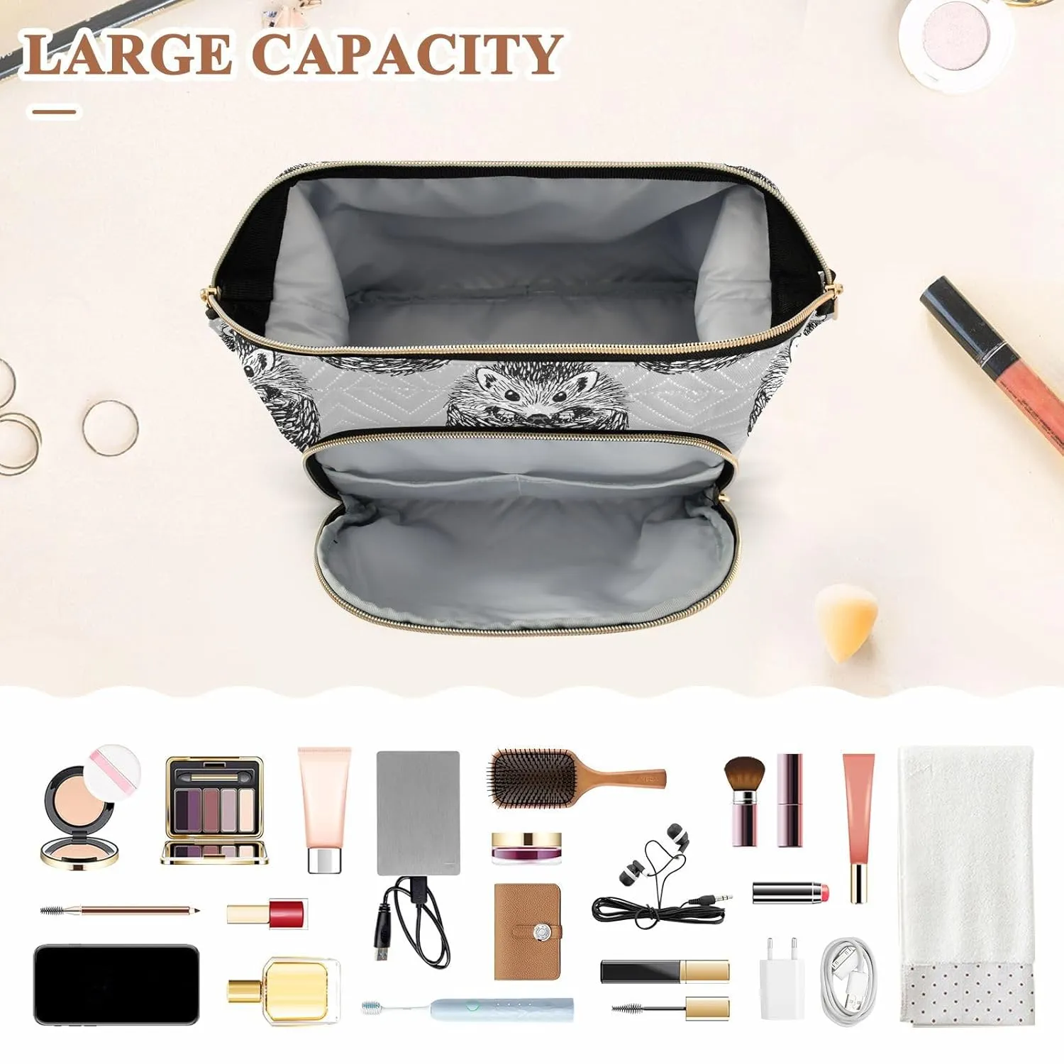 Women Wave Quilt Cosmetic Bag, Zipper Toiletry Storage 10.2x5.9x6.7 in, Pouch Handbag Makeup Case Purse Holder Organizer Print Cute Hedgehogs In Vintage Style