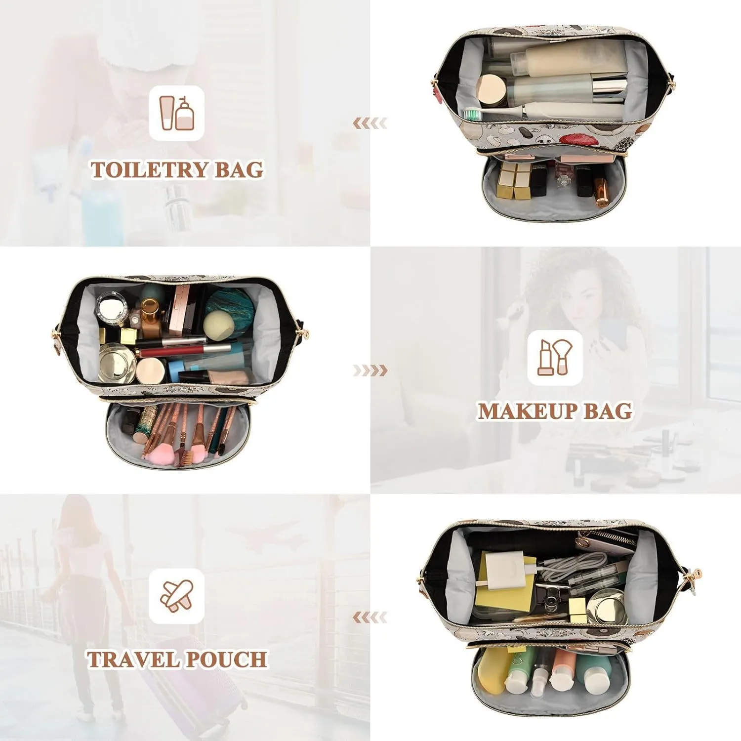 Women Wave Quilt Cosmetic Bag, Zipper Toiletry Storage 10.2x5.9x6.7 in, Pouch Handbag Makeup Case Purse Holder Organizer Print Different