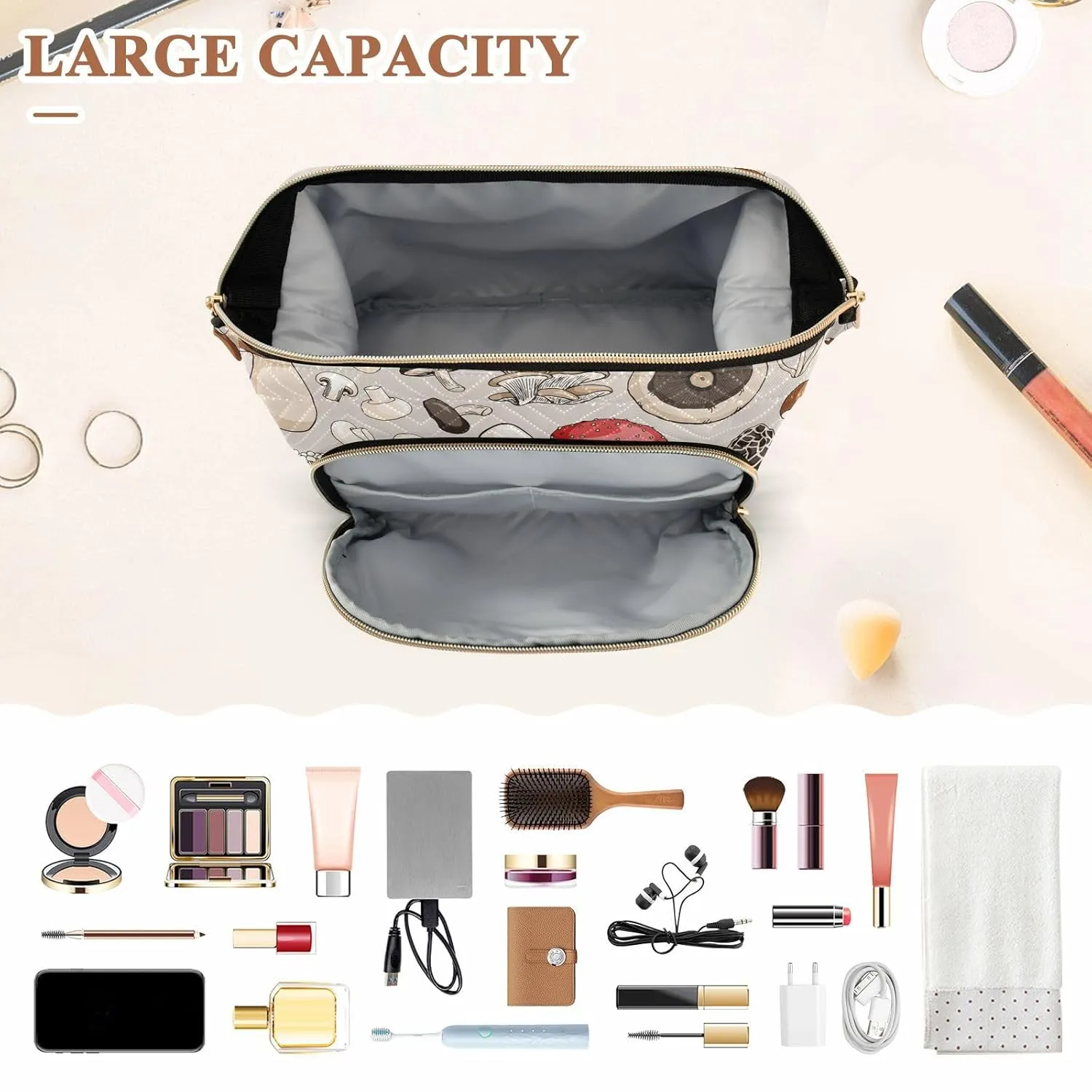 Women Wave Quilt Cosmetic Bag, Zipper Toiletry Storage 10.2x5.9x6.7 in, Pouch Handbag Makeup Case Purse Holder Organizer Print Different