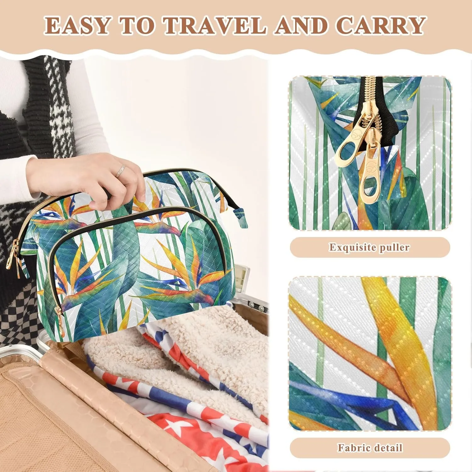 Women Wave Quilt Cosmetic Bag, Zipper Toiletry Storage 10.2x5.9x6.7 in, Pouch Handbag Makeup Case Purse Holder Organizer Print Exotic Green Leaves and Orange Flowers