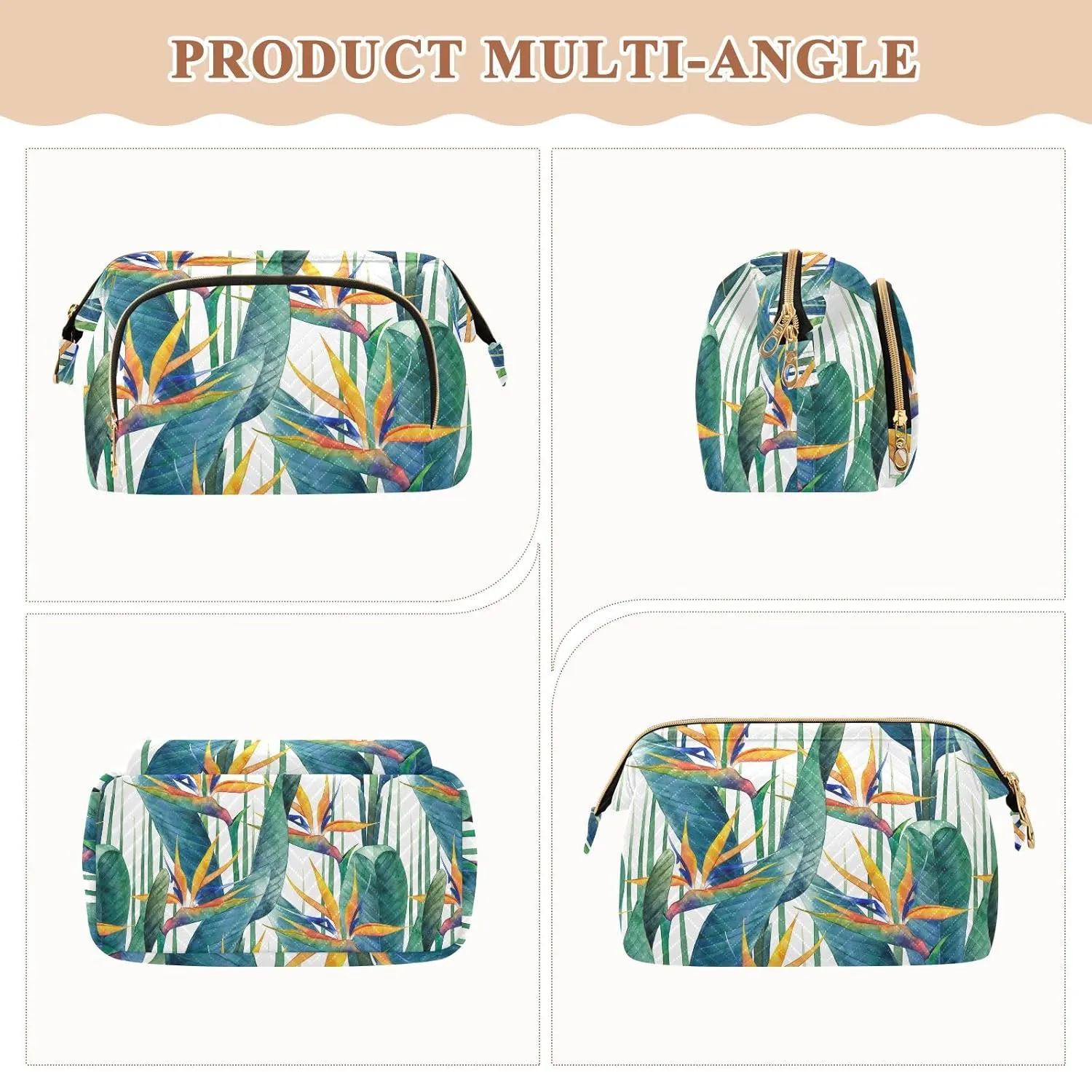 Women Wave Quilt Cosmetic Bag, Zipper Toiletry Storage 10.2x5.9x6.7 in, Pouch Handbag Makeup Case Purse Holder Organizer Print Exotic Green Leaves and Orange Flowers