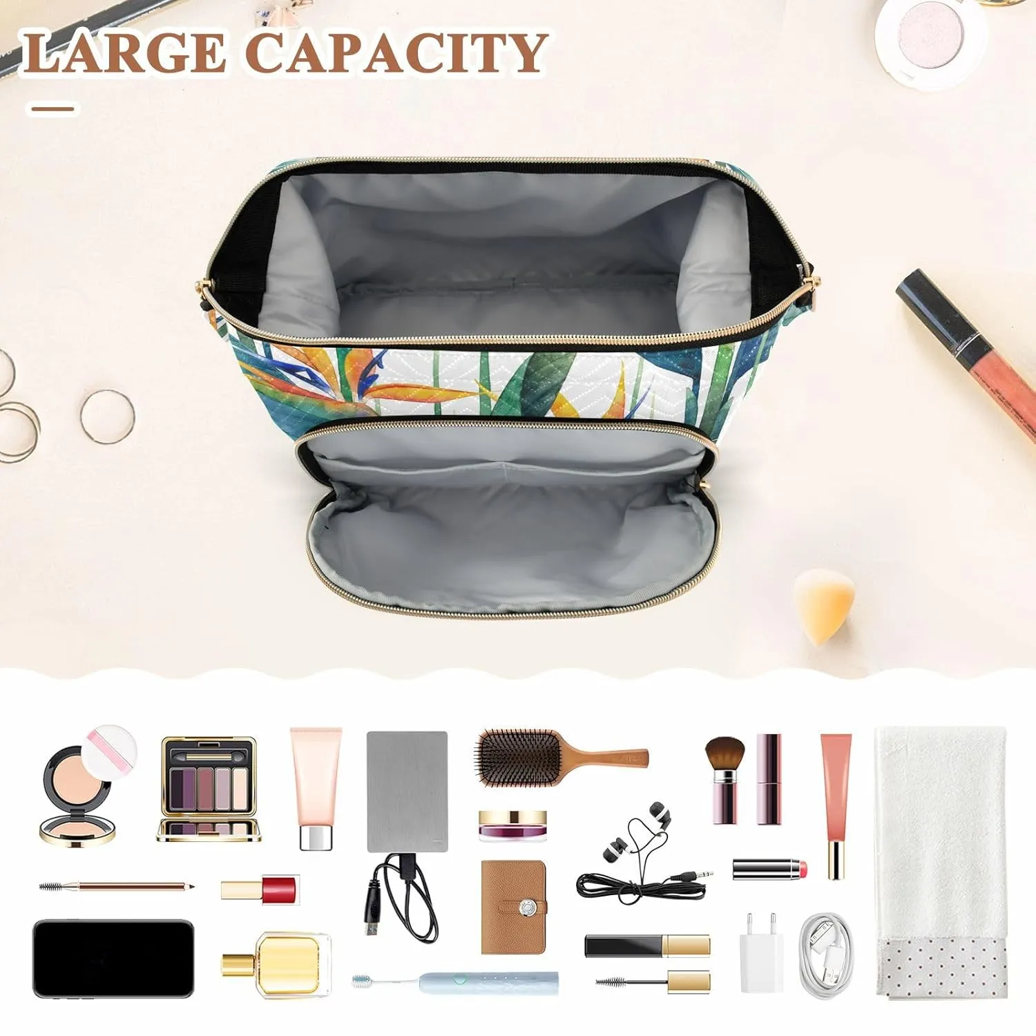 Women Wave Quilt Cosmetic Bag, Zipper Toiletry Storage 10.2x5.9x6.7 in, Pouch Handbag Makeup Case Purse Holder Organizer Print Exotic Green Leaves and Orange Flowers