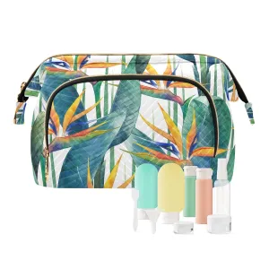 Women Wave Quilt Cosmetic Bag, Zipper Toiletry Storage 10.2x5.9x6.7 in, Pouch Handbag Makeup Case Purse Holder Organizer Print Exotic Green Leaves and Orange Flowers