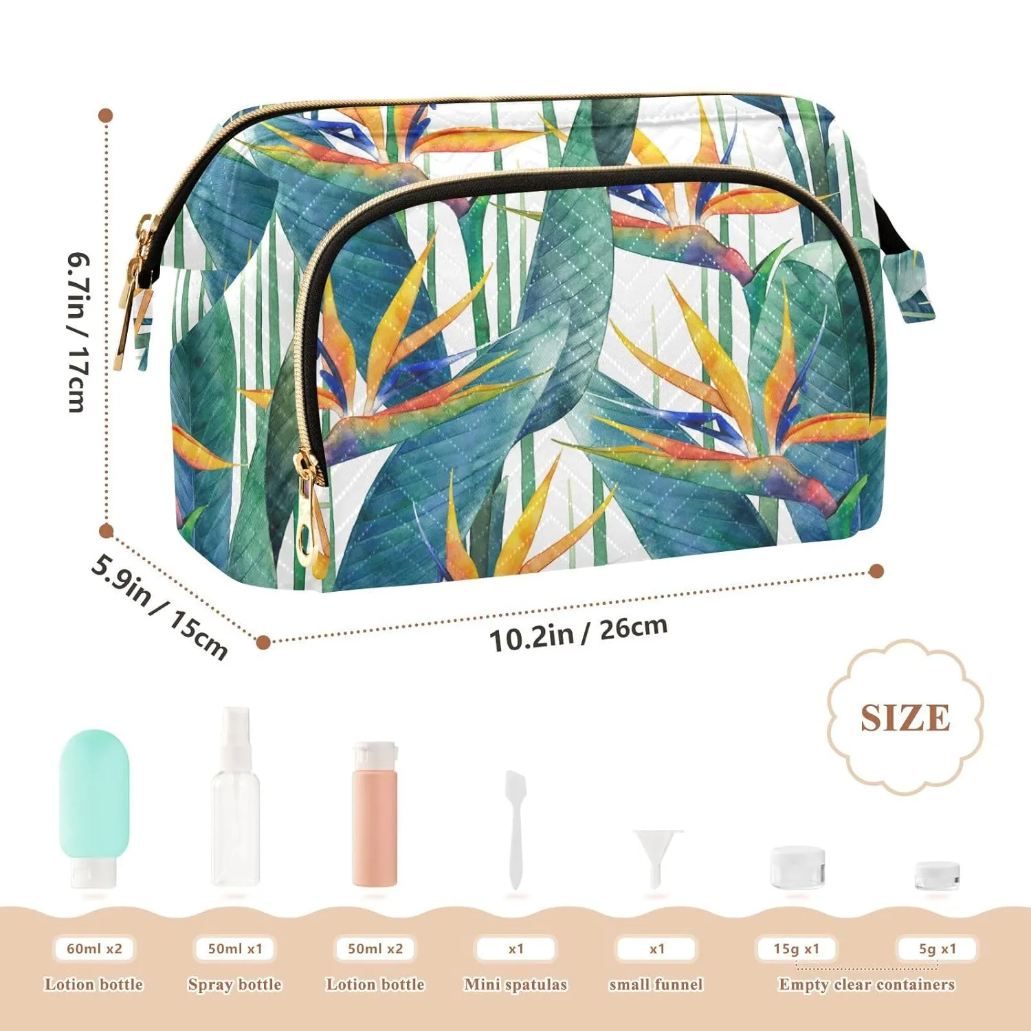 Women Wave Quilt Cosmetic Bag, Zipper Toiletry Storage 10.2x5.9x6.7 in, Pouch Handbag Makeup Case Purse Holder Organizer Print Exotic Green Leaves and Orange Flowers