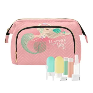 Women Wave Quilt Cosmetic Bag, Zipper Toiletry Storage 10.2x5.9x6.7 in, Pouch Handbag Makeup Case Purse Holder Organizer Print Floral Mermaid a Green Fish On Pink