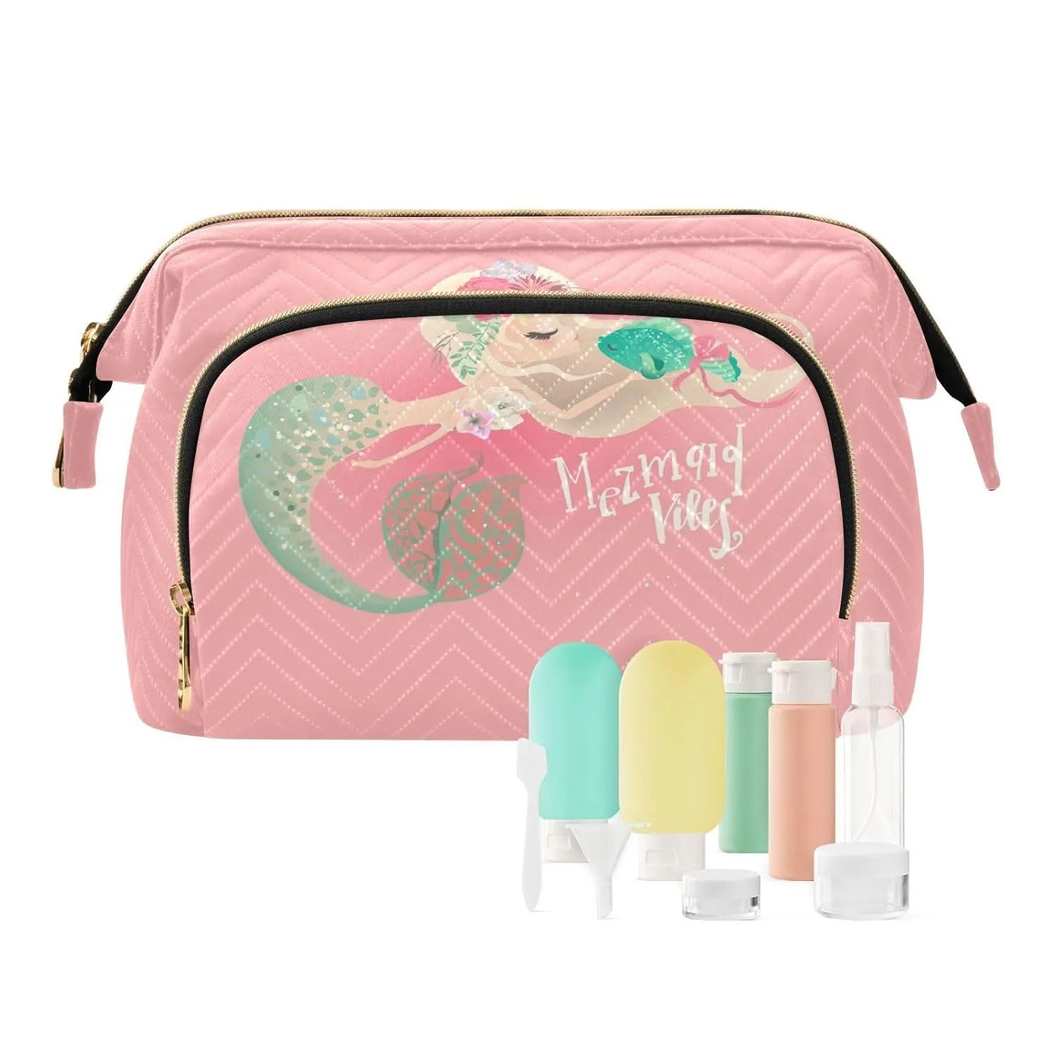 Women Wave Quilt Cosmetic Bag, Zipper Toiletry Storage 10.2x5.9x6.7 in, Pouch Handbag Makeup Case Purse Holder Organizer Print Floral Mermaid a Green Fish On Pink