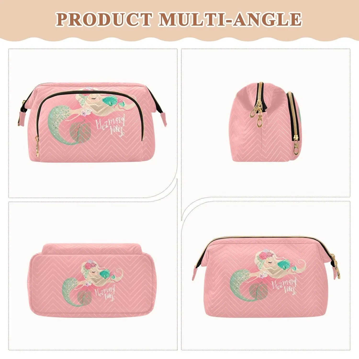 Women Wave Quilt Cosmetic Bag, Zipper Toiletry Storage 10.2x5.9x6.7 in, Pouch Handbag Makeup Case Purse Holder Organizer Print Floral Mermaid a Green Fish On Pink